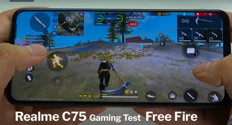 Realme C75 gaming test playing Free Fire with smooth performance and graphics.