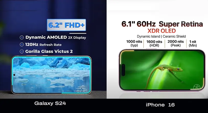 Samsung Galaxy S24 vs iPhone 16 Display features