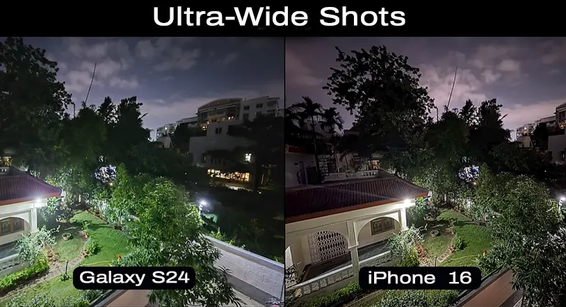 Samsung Galaxy S24 vs iPhone 16 Ultra-wide shots in night