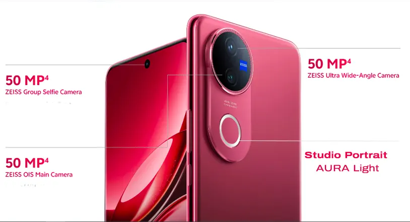 Vivo V50 5G Dual 50 MP camera setup with a high-resolution main sensor, ultra-wide lens, and macro lens for stunning photography.