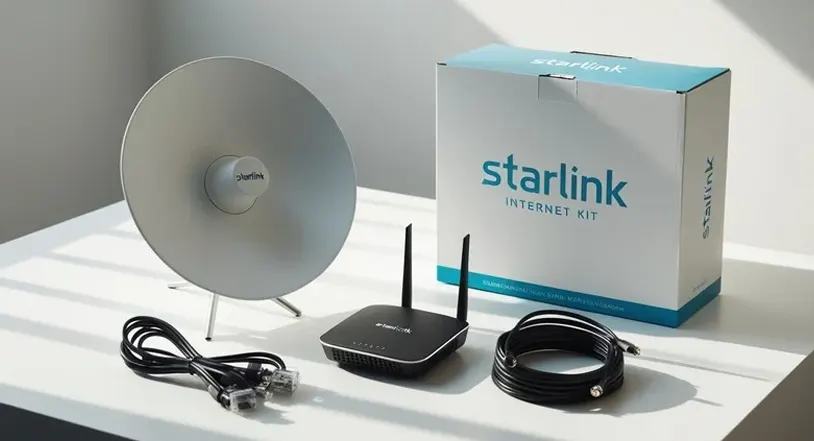 Starliink kit including dish, router, cable