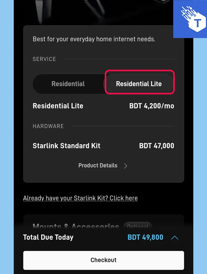 Starlink internet Select Package 