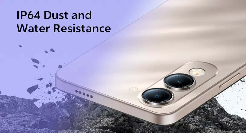 Vivo Y19 5G smartphone with sleek and elegant design, lightweight 199g body, IP64 water resistance, and premium plastic back cover with side-mounted fingerprint sensor.