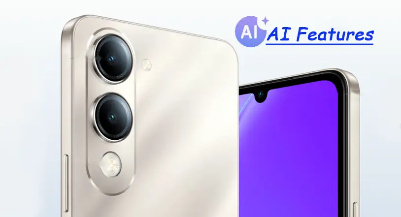 Vivo Y19 5G dual rear camera setup with 13MP main lens and 0.08MP depth sensor, featuring AI Photo Enhance, AI Eraser, and Ultra-Bright Flashlight for clear and vivid photography.